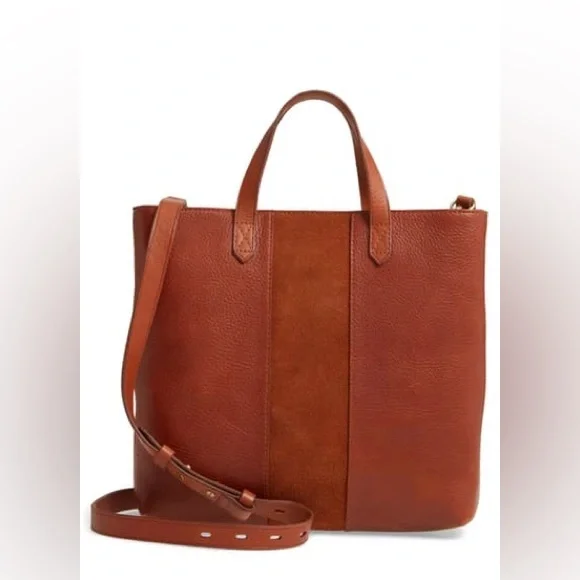 Madewell Small Transport Leather Crossbody Tote Suede Stripe Brown Maple Syrup